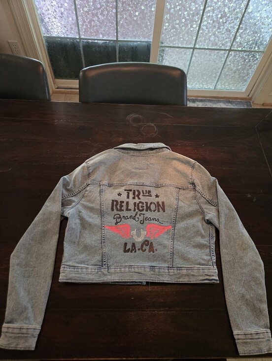 True Religion Jackets & Blazers - True Religion Light Blue Denim Jacket with Pink Wing Graphic